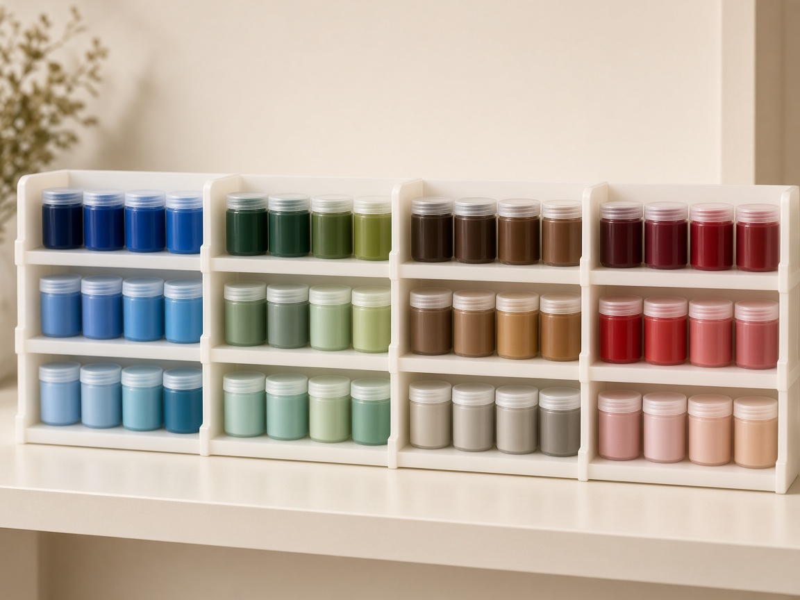 Rack de pinturas acrílicas organizadas por familias de color